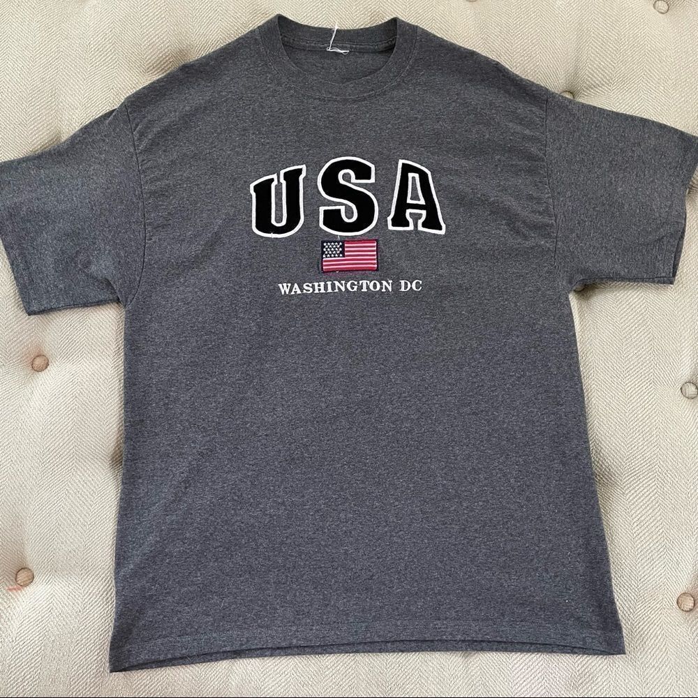 USA Flag Washington DC Embroidered Applique Dark Gray T Shirt L XL